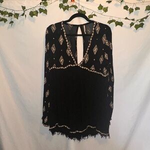 Free People Black Tunic with Cream Diamond Embroidery